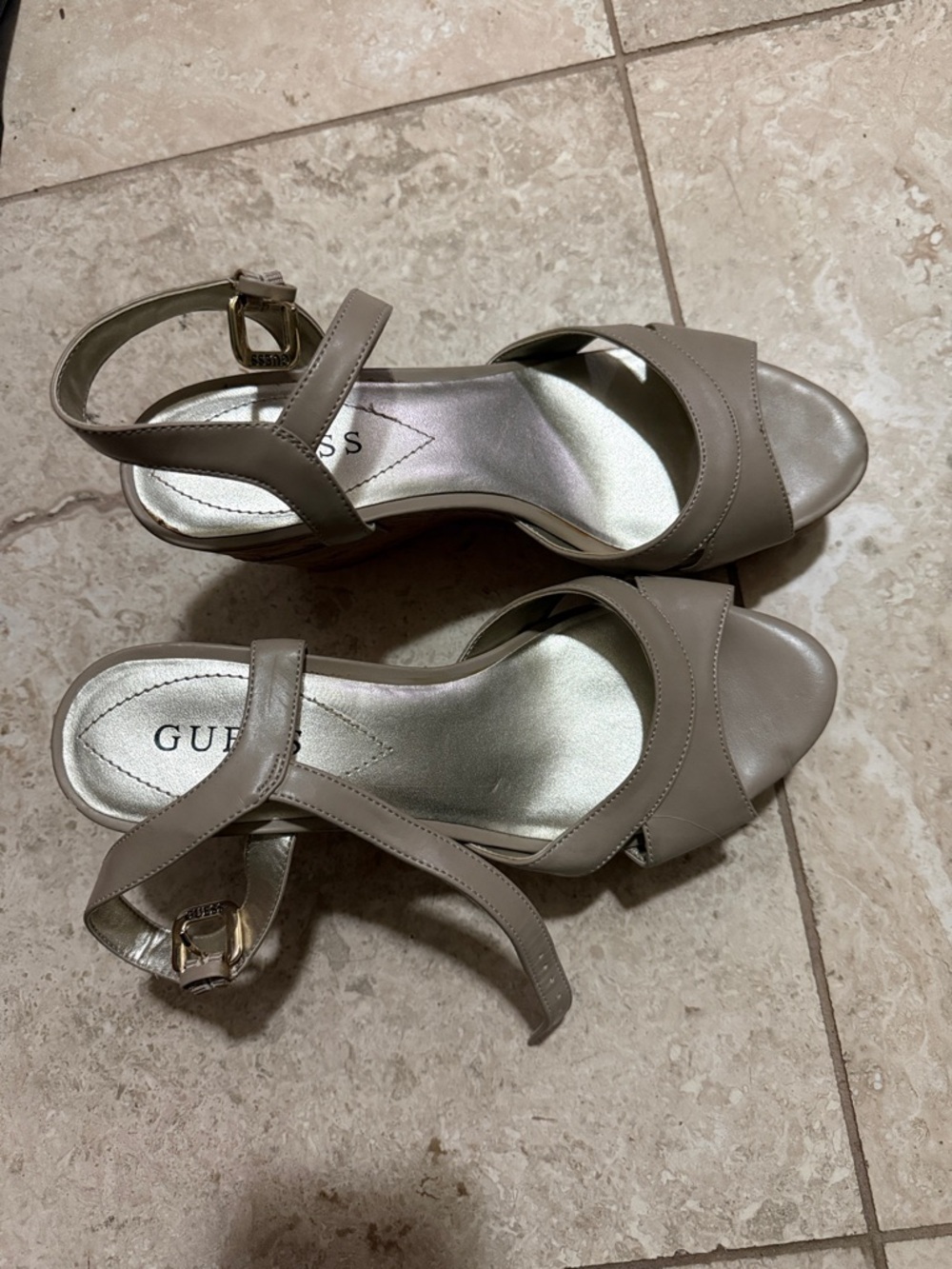 GUESS Neutral Taupe Open-Toe Ankle Strap Heels